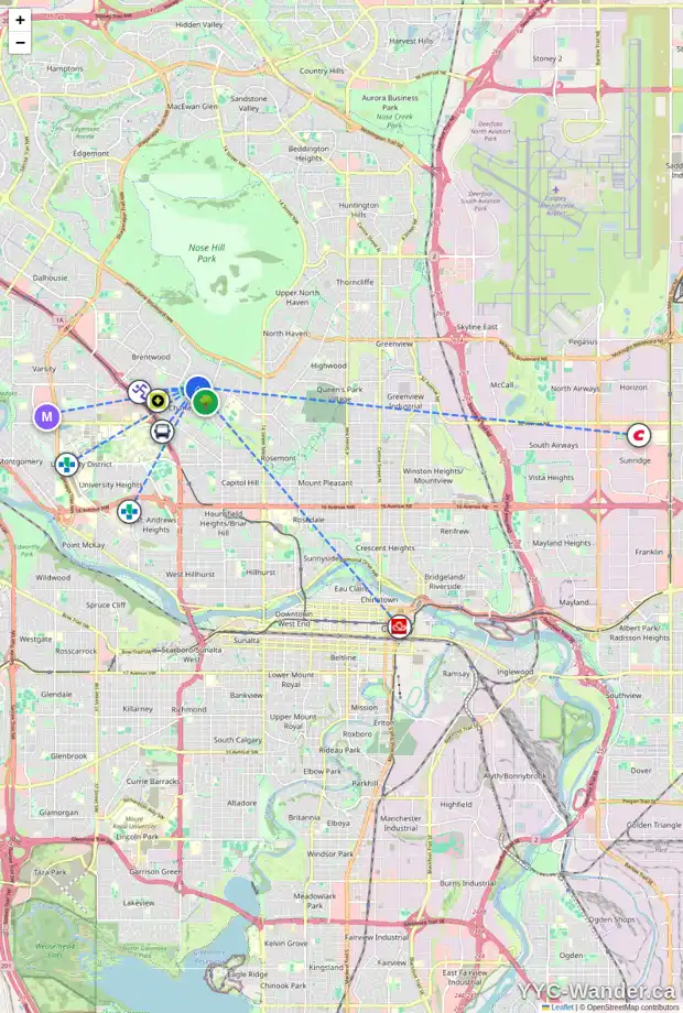 Daily accessibility map for 2128 CHILCOTIN RD NW, Calgary showing nearby schools, grocery stores, parks, LRT stations and nearby amenities