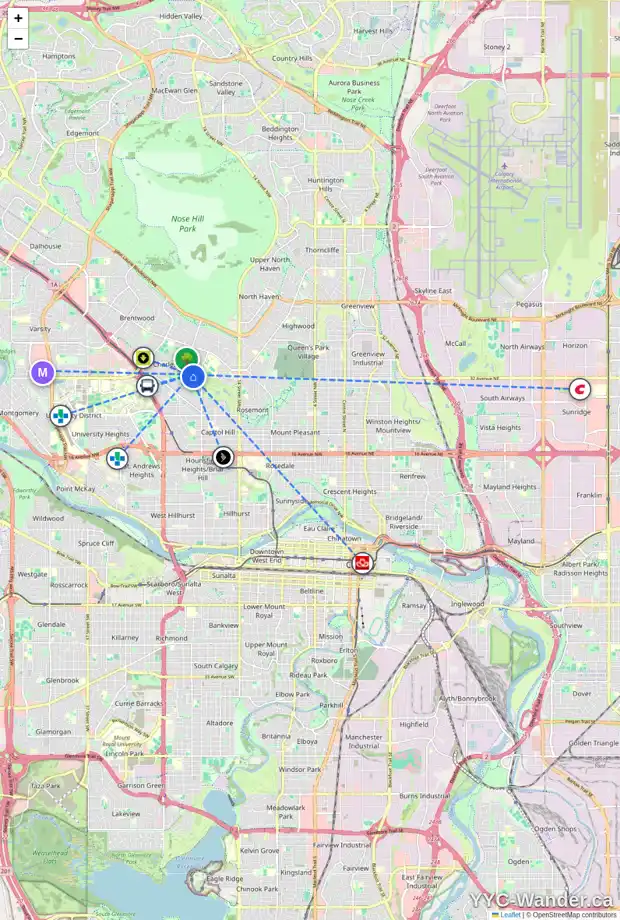 Daily accessibility map for 3407 19 ST NW, Calgary showing nearby schools, grocery stores, parks, LRT stations and nearby amenities