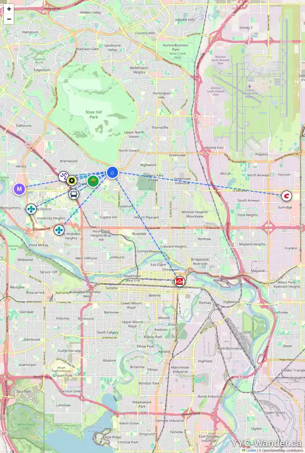 Daily accessibility map for 96 CLARENDON RD NW, Calgary showing nearby schools, grocery stores, parks, LRT stations and nearby amenities