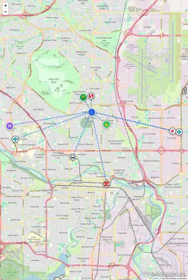 Daily accessibility map for 204 HENDON DR NW, Calgary showing nearby schools, grocery stores, parks, LRT stations and nearby amenities