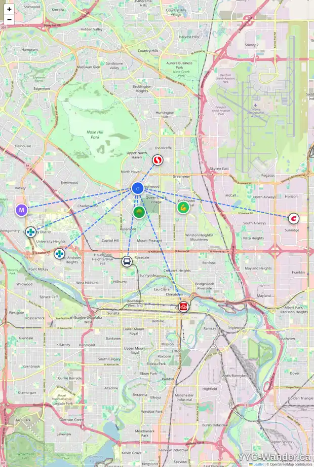 Daily accessibility map for 28 HOLLY ST NW, Calgary showing nearby schools, grocery stores, parks, LRT stations and nearby amenities