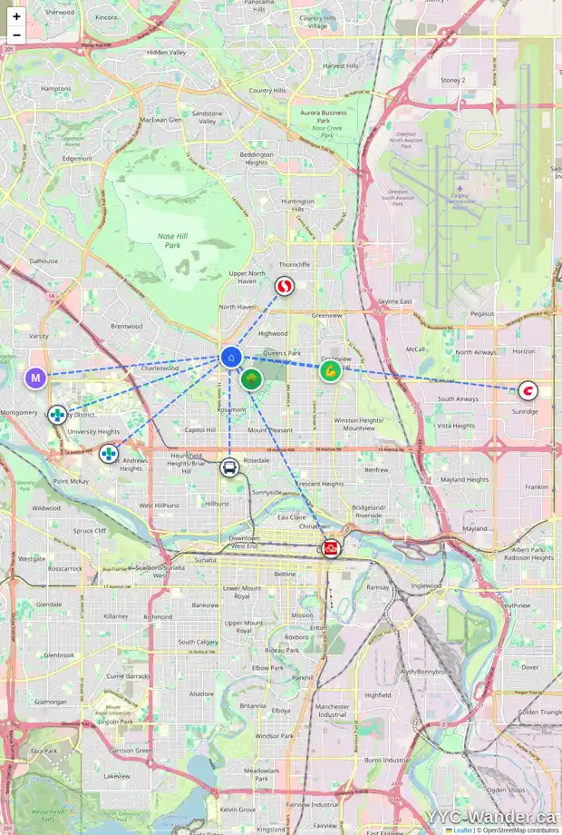 Daily accessibility map for 45 CARNARVON WY NW, Calgary showing nearby schools, grocery stores, parks, LRT stations and nearby amenities
