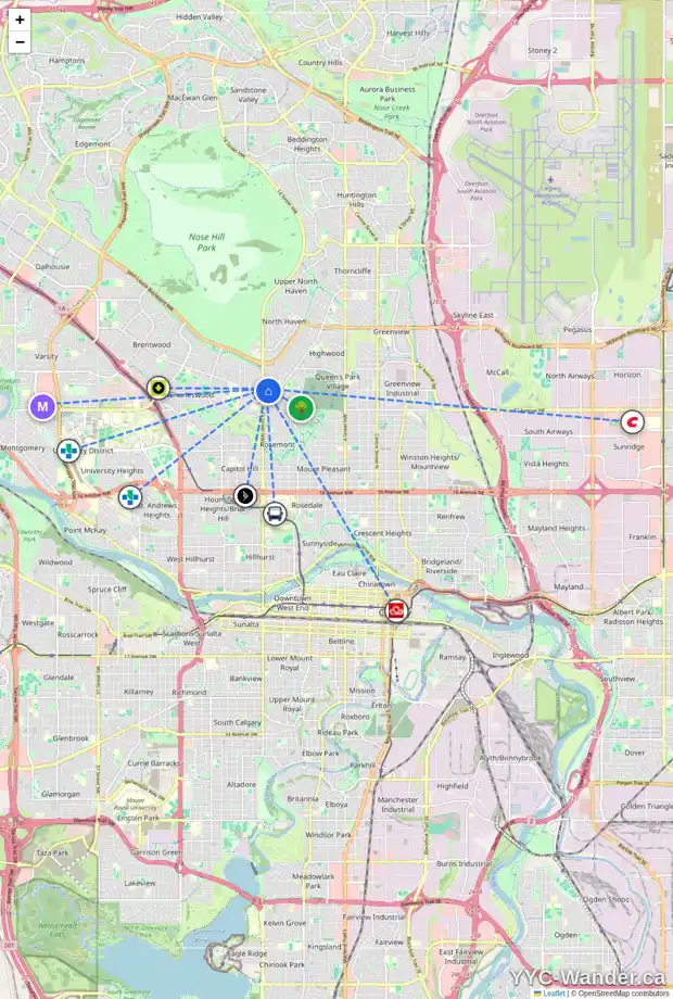 Daily accessibility map for 47 CONNAUGHT DR NW, Calgary showing nearby schools, grocery stores, parks, LRT stations and nearby amenities