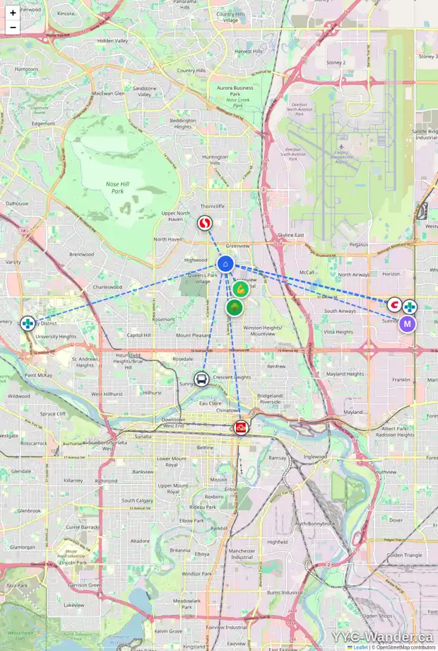 Daily accessibility map for 132 42 AV NW, Calgary showing nearby schools, grocery stores, parks, LRT stations and nearby amenities