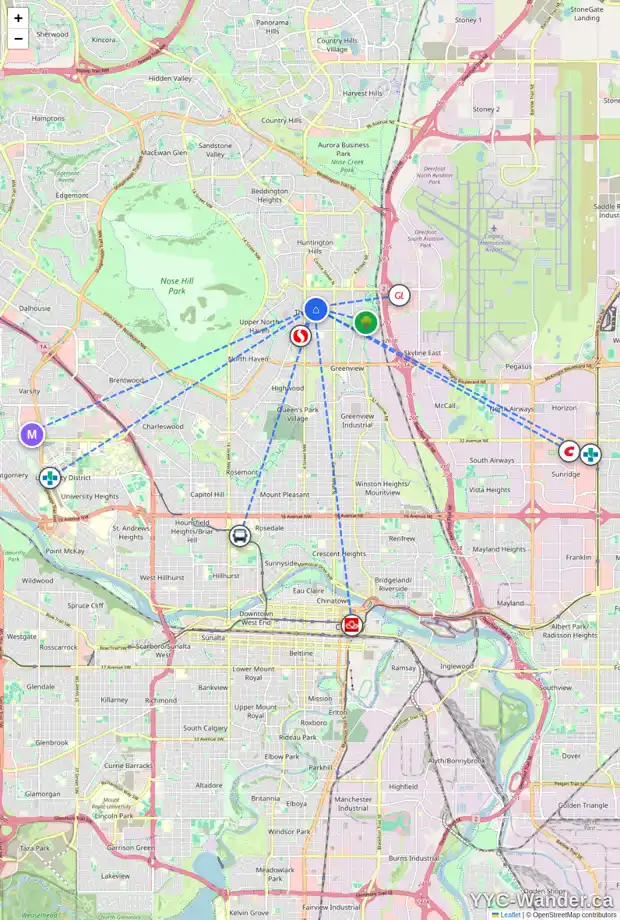 Daily accessibility map for 6040 THORNBURN DR NW, Calgary showing nearby schools, grocery stores, parks, LRT stations and nearby amenities