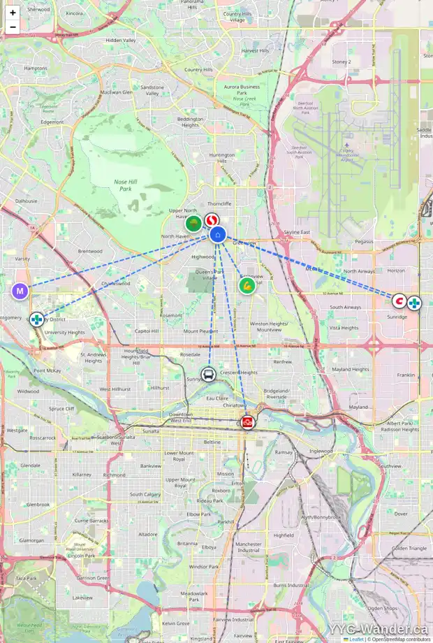 Daily accessibility map for 427 TRAFFORD DR NW, Calgary showing nearby schools, grocery stores, parks, LRT stations and nearby amenities