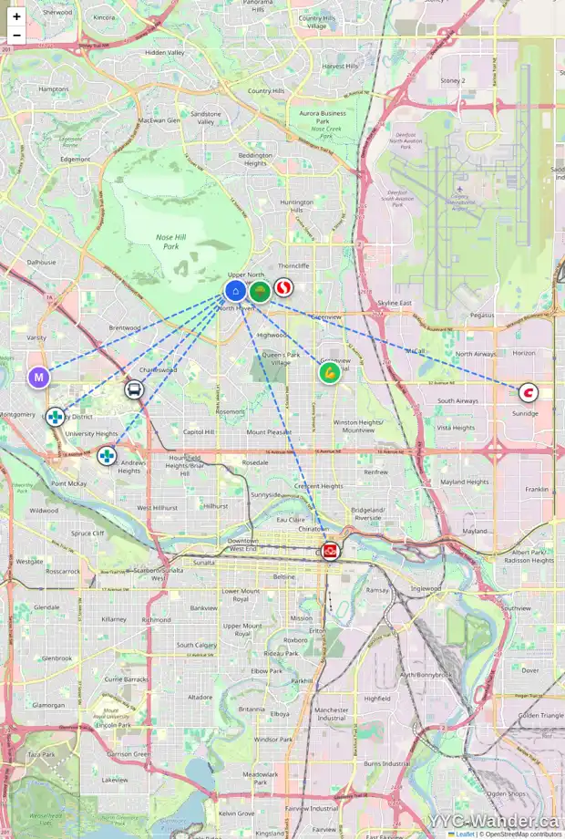 Daily accessibility map for 1208 NINGA RD NW, Calgary showing nearby schools, grocery stores, parks, LRT stations and nearby amenities