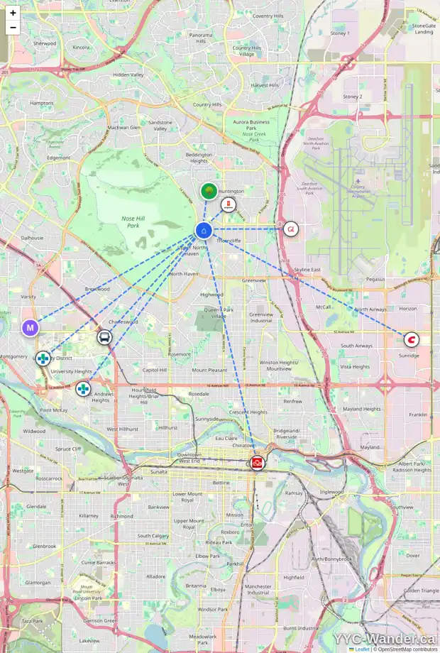 Daily accessibility map for 6553 HUNTSBAY RD NW, Calgary showing nearby schools, grocery stores, parks, LRT stations and nearby amenities