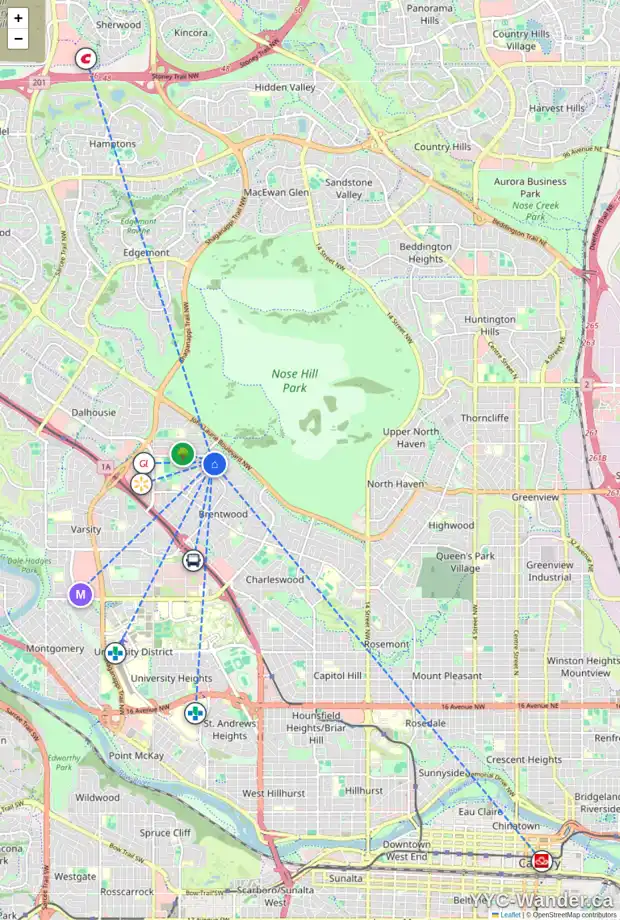 Daily accessibility map for 5231 CARNEY RD NW, Calgary showing nearby schools, grocery stores, parks, LRT stations and nearby amenities