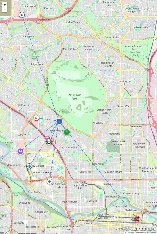 Daily accessibility map for 2723 CRAWFORD RD NW, Calgary showing nearby schools, grocery stores, parks, LRT stations and nearby amenities