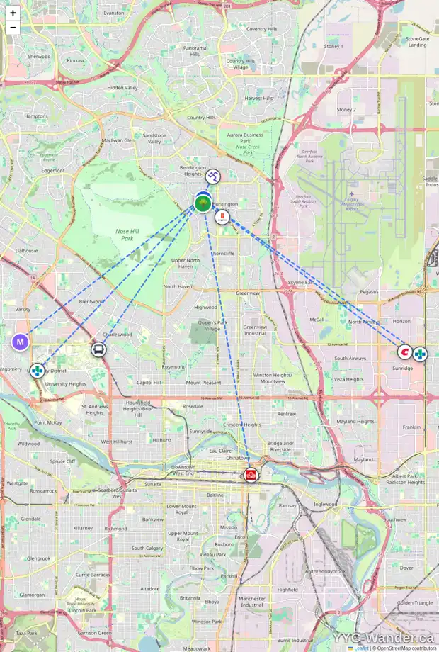 Daily accessibility map for 7852 HUNTERSLEA CR NW, Calgary showing nearby schools, grocery stores, parks, LRT stations and nearby amenities