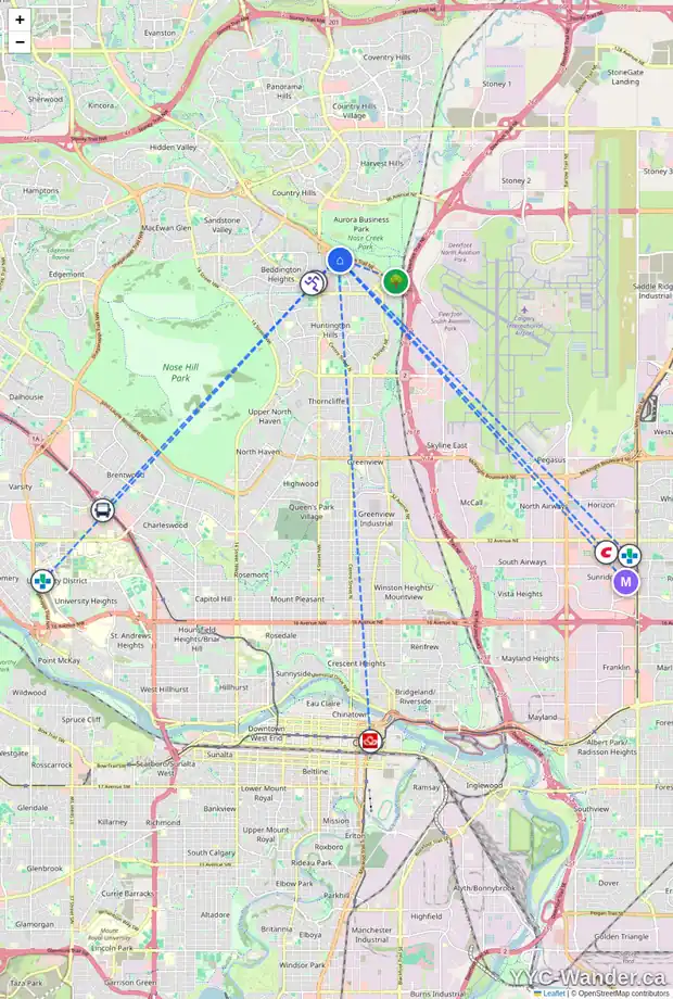 Daily accessibility map for 169 BEDDINGTON CI NE, Calgary showing nearby schools, grocery stores, parks, LRT stations and nearby amenities