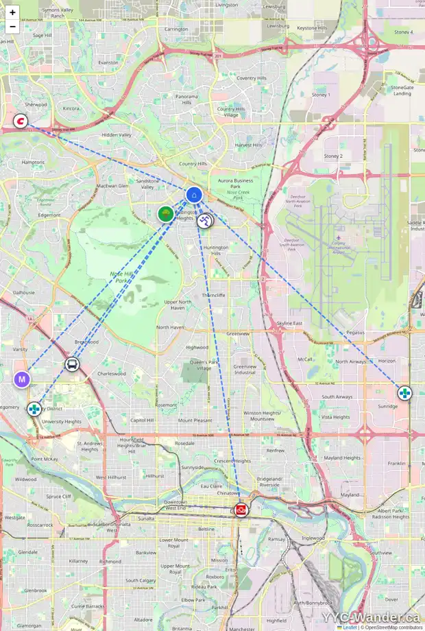 Daily accessibility map for 107 BERNARD DR NW, Calgary showing nearby schools, grocery stores, parks, LRT stations and nearby amenities