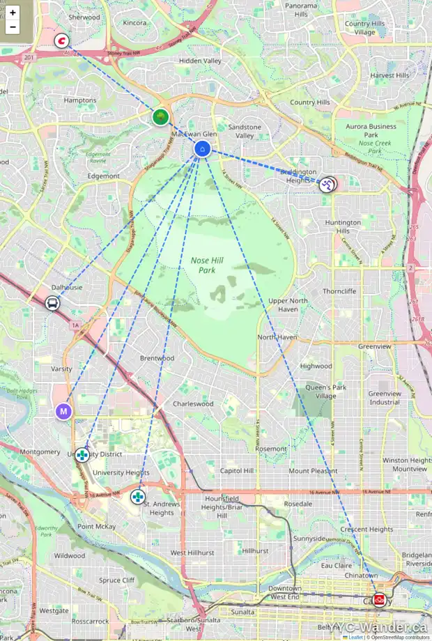 Daily accessibility map for 107 MACEWAN DR NW, Calgary showing nearby schools, grocery stores, parks, LRT stations and nearby amenities