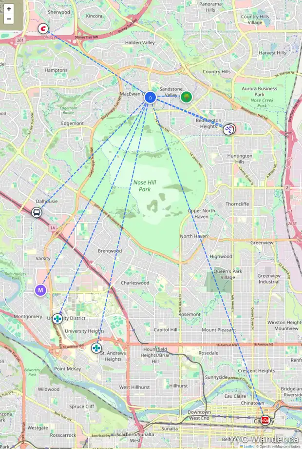 Daily accessibility map for 71 MACEWAN PARK LI NW, Calgary showing nearby schools, grocery stores, parks, LRT stations and nearby amenities