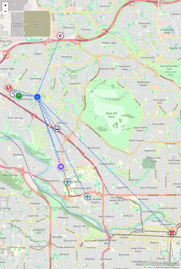 Daily accessibility map for 915 RANCH ESTATES PL NW, Calgary showing nearby schools, grocery stores, parks, LRT stations and nearby amenities