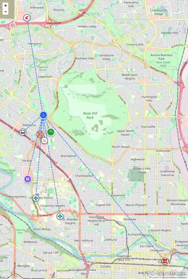 Daily accessibility map for 208 EDGEMONT BA NW, Calgary showing nearby schools, grocery stores, parks, LRT stations and nearby amenities