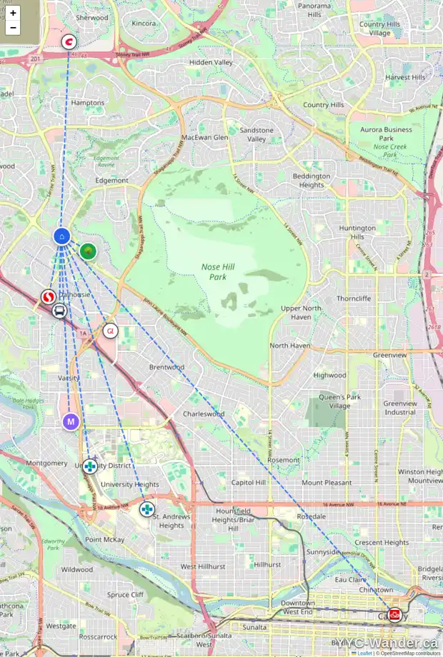 Daily accessibility map for 230 EDGEDALE PL NW, Calgary showing nearby schools, grocery stores, parks, LRT stations and nearby amenities