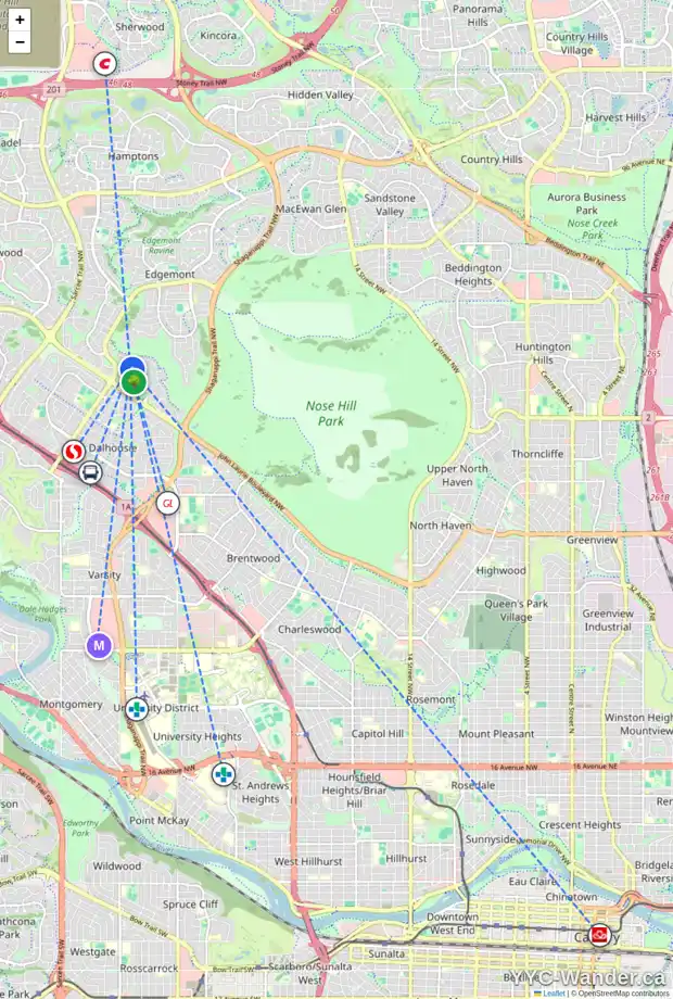 Daily accessibility map for 7055 EDGEMONT DR NW, Calgary showing nearby schools, grocery stores, parks, LRT stations and nearby amenities