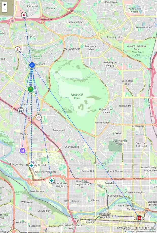 Daily accessibility map for 51 EDGEVIEW DR NW, Calgary showing nearby schools, grocery stores, parks, LRT stations and nearby amenities