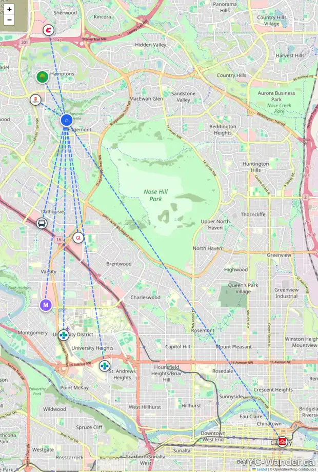 Daily accessibility map for 8365 EDGEVALLEY DR NW, Calgary showing nearby schools, grocery stores, parks, LRT stations and nearby amenities