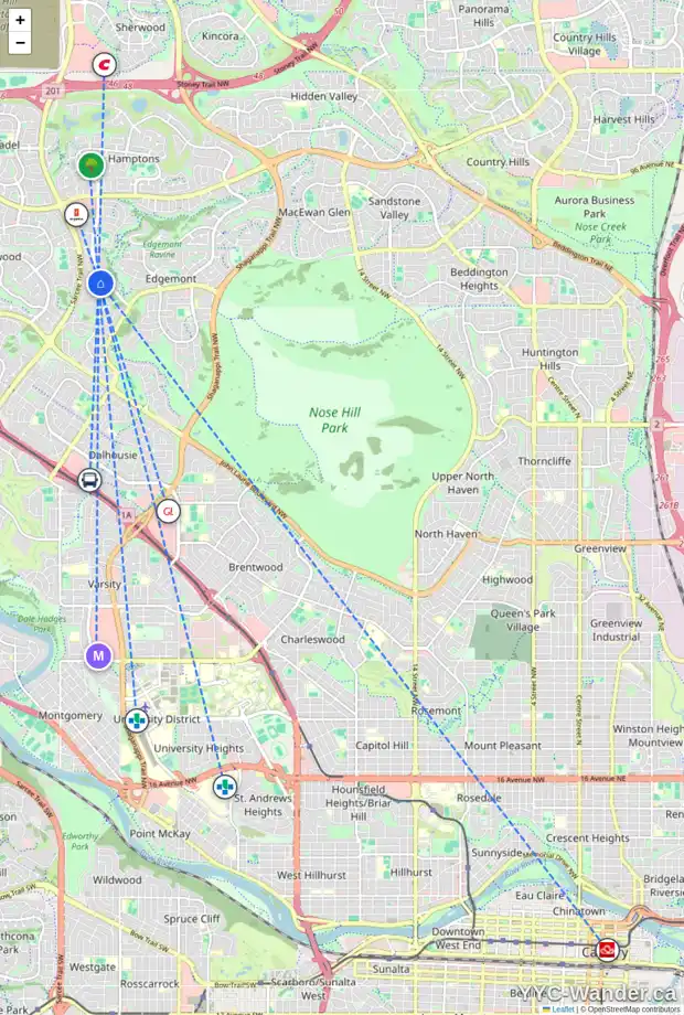 Daily accessibility map for 36 EDGELAND RI NW, Calgary showing nearby schools, grocery stores, parks, LRT stations and nearby amenities