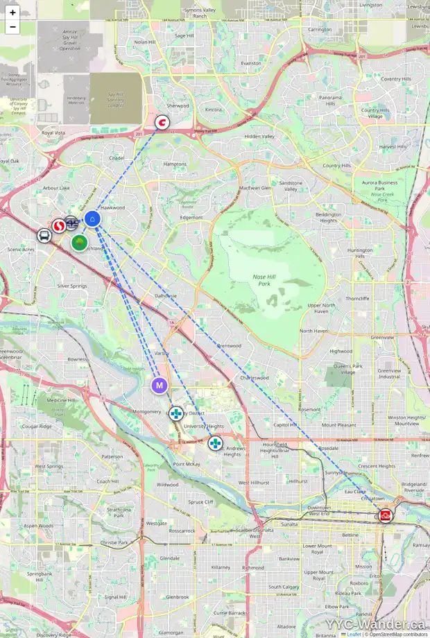 Daily accessibility map for 88 HAWKVILLE PL NW, Calgary showing nearby schools, grocery stores, parks, LRT stations and nearby amenities