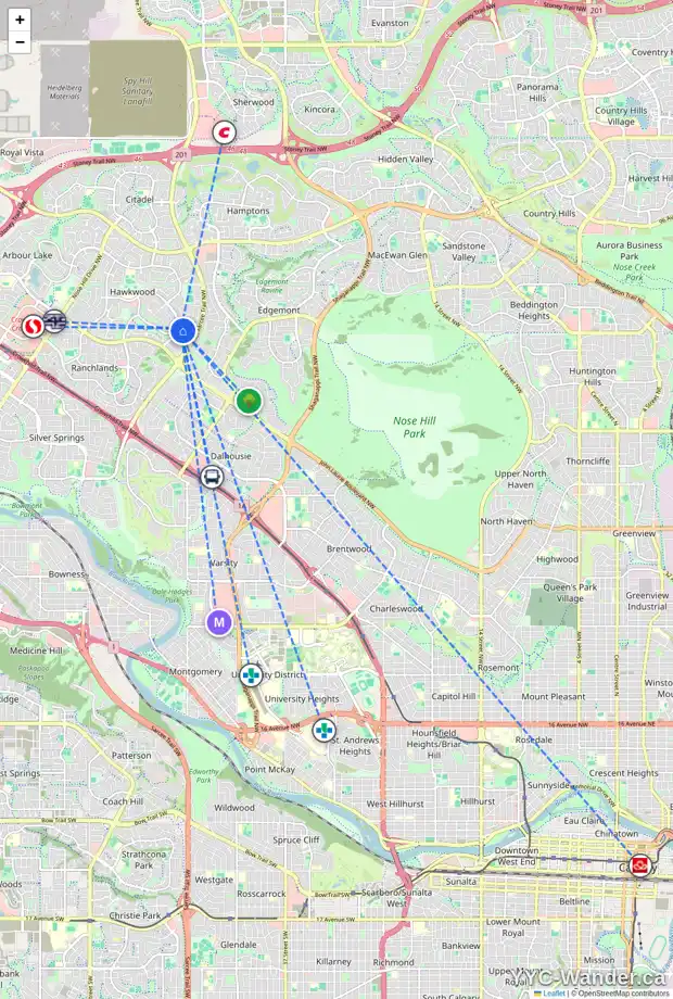 Daily accessibility map for 208 HAWKCLIFF WY NW, Calgary showing nearby schools, grocery stores, parks, LRT stations and nearby amenities