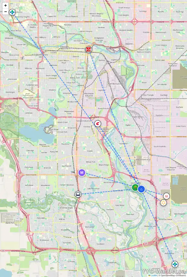 Daily accessibility map for 214 DOUGLAS WOODS CL SE, Calgary showing nearby schools, grocery stores, parks, LRT stations and nearby amenities