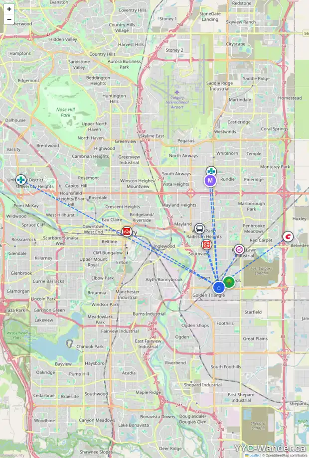 Daily accessibility map for 206 ERIN WOODS CI SE, Calgary showing nearby schools, grocery stores, parks, LRT stations and nearby amenities