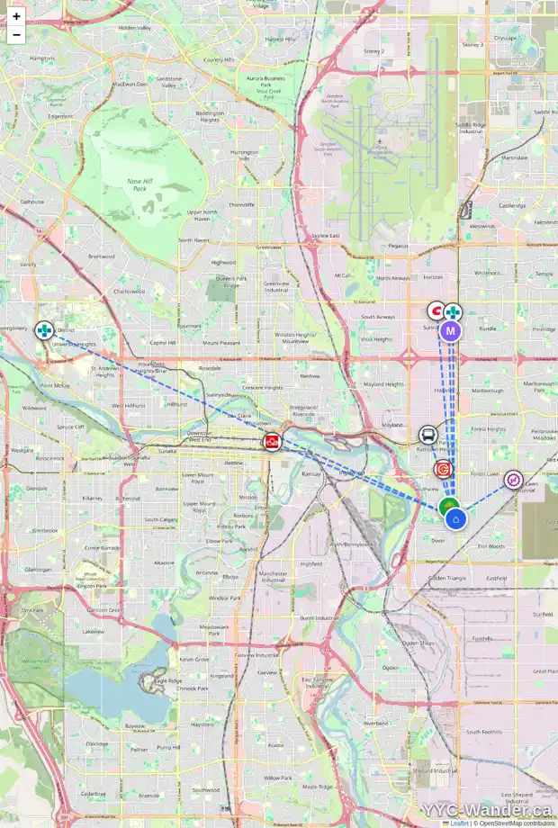 Daily accessibility map for 3438 30A AV SE, Calgary showing nearby schools, grocery stores, parks, LRT stations and nearby amenities