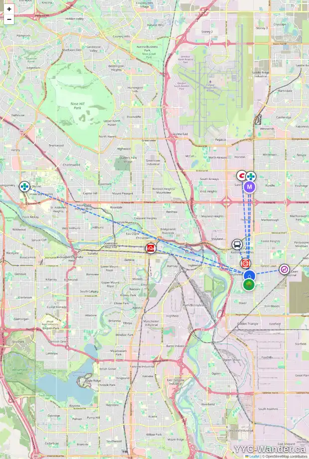 Daily accessibility map for 2018 REDWOOD CR SE, Calgary showing nearby schools, grocery stores, parks, LRT stations and nearby amenities