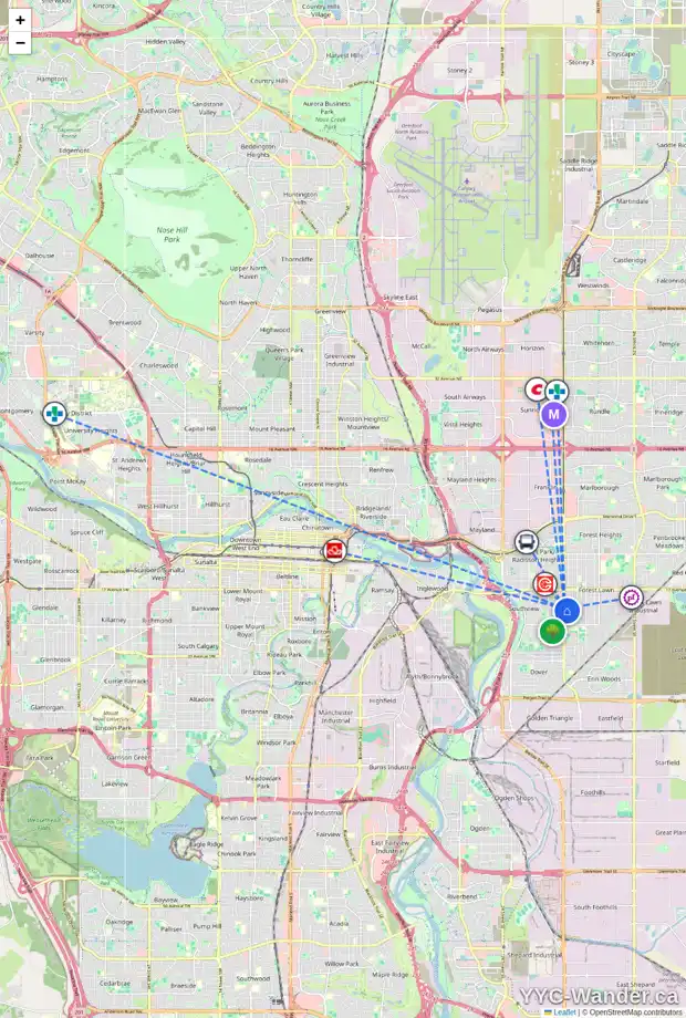 Daily accessibility map for 2222 36 ST SE, Calgary showing nearby schools, grocery stores, parks, LRT stations and nearby amenities