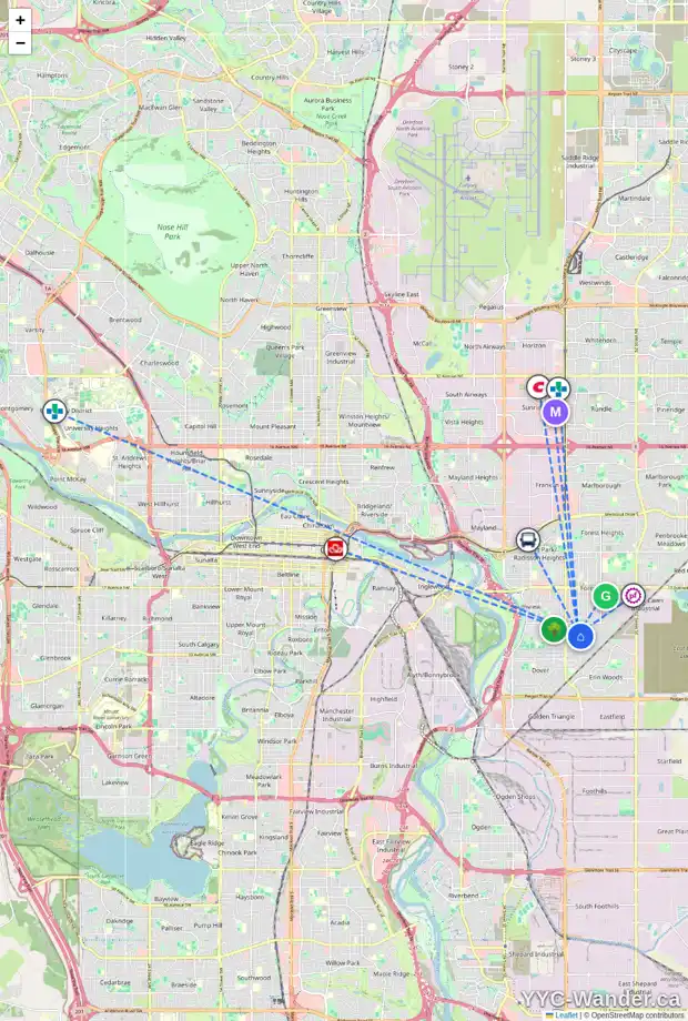Daily accessibility map for 42 DOVERDALE ME SE, Calgary showing nearby schools, grocery stores, parks, LRT stations and nearby amenities
