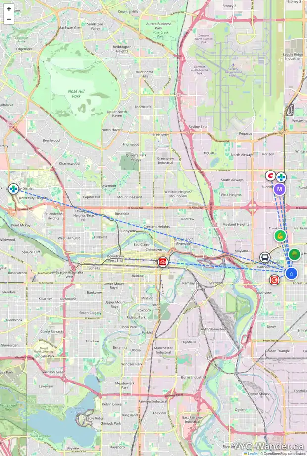 Daily accessibility map for 1316 38 ST SE, Calgary showing nearby schools, grocery stores, parks, LRT stations and nearby amenities