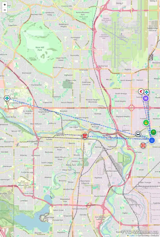 Daily accessibility map for 1124 38 ST SE, Calgary showing nearby schools, grocery stores, parks, LRT stations and nearby amenities