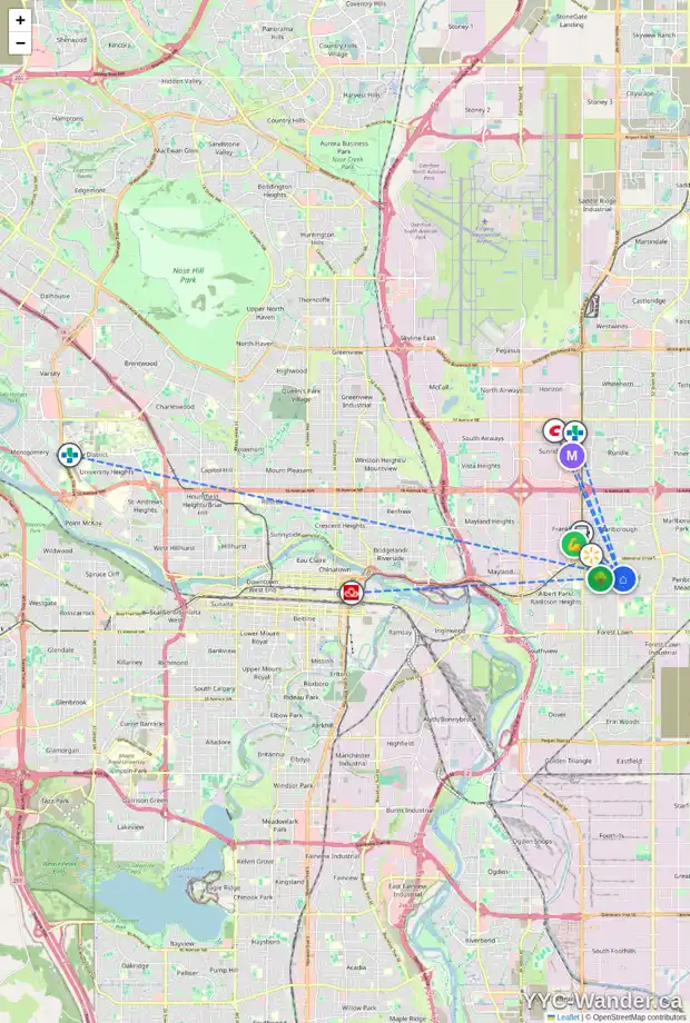 Daily accessibility map for 4503 4 AV SE, Calgary showing nearby schools, grocery stores, parks, LRT stations and nearby amenities