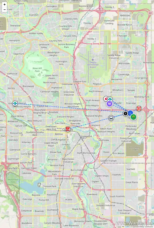 Daily accessibility map for 303 MANORA RI NE, Calgary showing nearby schools, grocery stores, parks, LRT stations and nearby amenities