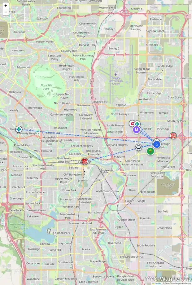 Daily accessibility map for 952 MADEIRA WY NE, Calgary showing nearby schools, grocery stores, parks, LRT stations and nearby amenities