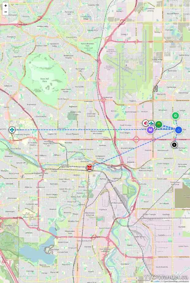 Daily accessibility map for 2504 56 ST NE, Calgary showing nearby schools, grocery stores, parks, LRT stations and nearby amenities