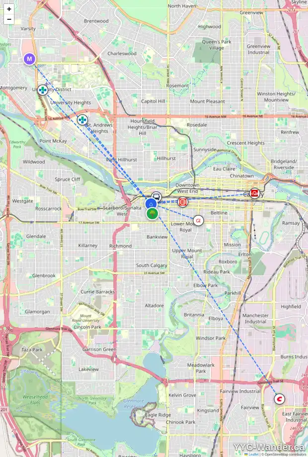 Daily accessibility map for 202 1815 11 AV SW, Calgary showing nearby schools, grocery stores, parks, LRT stations and nearby amenities