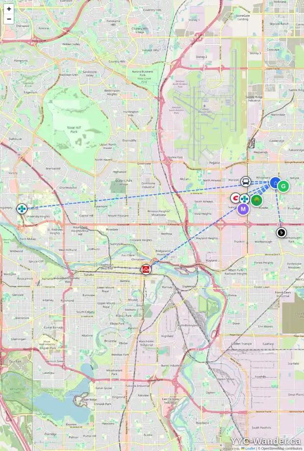 Daily accessibility map for 103 WHITESIDE CR NE, Calgary showing nearby schools, grocery stores, parks, LRT stations and nearby amenities