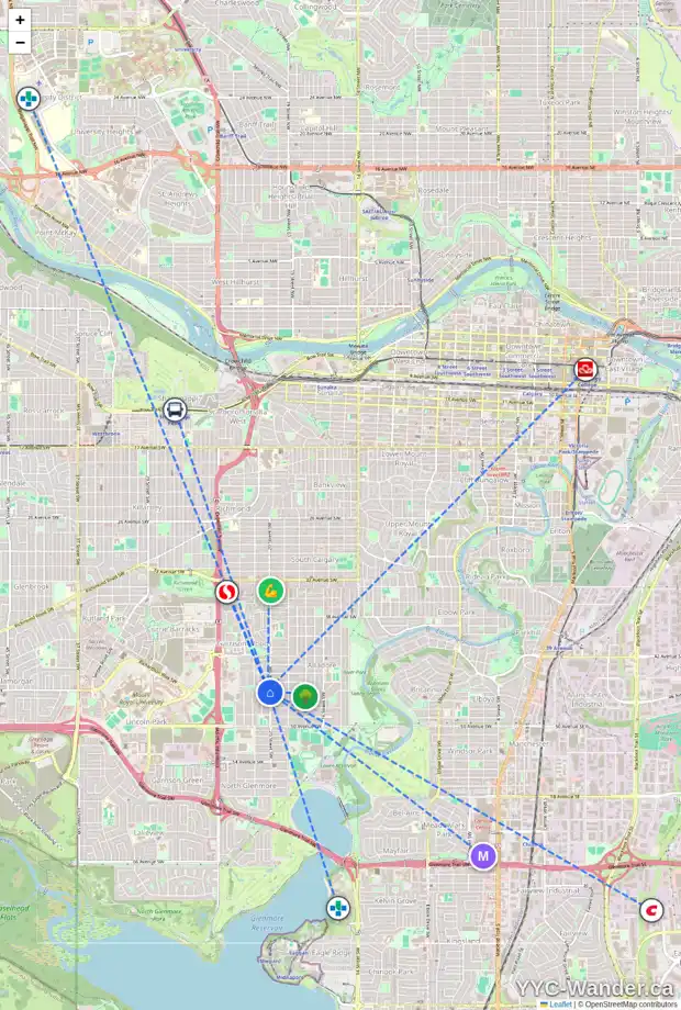Daily accessibility map for 4697 20 ST SW, Calgary showing nearby schools, grocery stores, parks, LRT stations and nearby amenities
