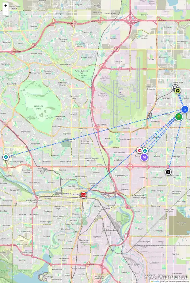 Daily accessibility map for 172 FALSHIRE WY NE, Calgary showing nearby schools, grocery stores, parks, LRT stations and nearby amenities
