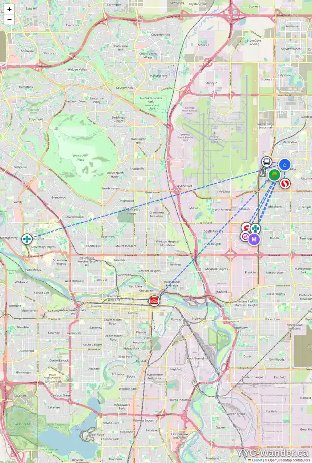 Daily accessibility map for 90 CASTLEDALE WY NE, Calgary showing nearby schools, grocery stores, parks, LRT stations and nearby amenities