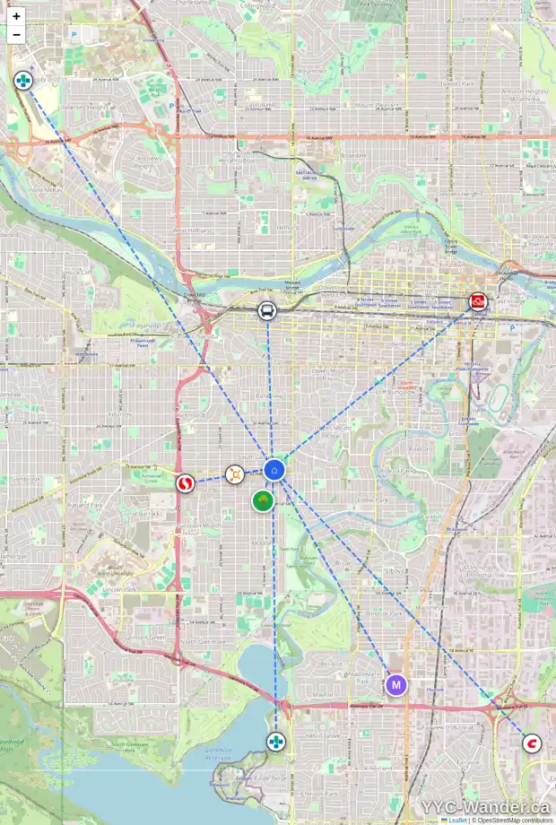 Daily accessibility map for 1629 32 AV SW, Calgary showing nearby schools, grocery stores, parks, LRT stations and nearby amenities