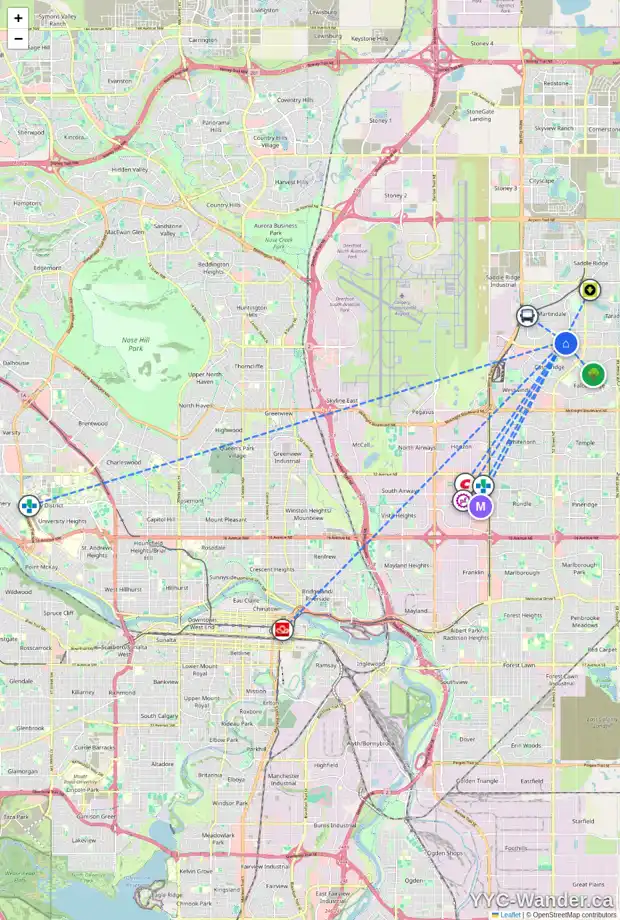 Daily accessibility map for 100 MARTINDALE CL NE, Calgary showing nearby schools, grocery stores, parks, LRT stations and nearby amenities