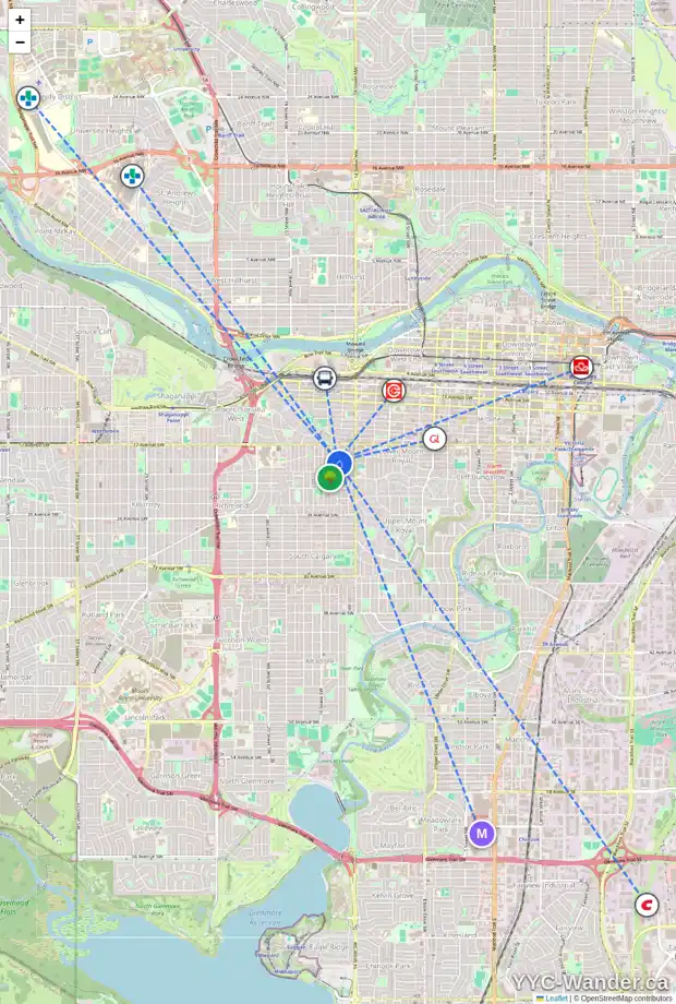 Daily accessibility map for 2111 15 ST SW, Calgary showing nearby schools, grocery stores, parks, LRT stations and nearby amenities