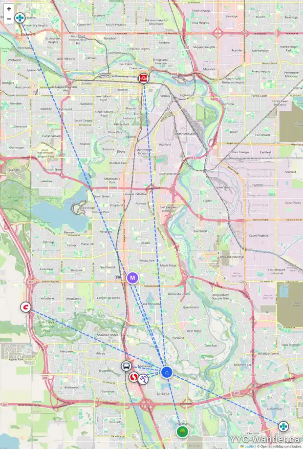 Daily accessibility map for 16 SUNMOUNT CR SE, Calgary showing nearby schools, grocery stores, parks, LRT stations and nearby amenities