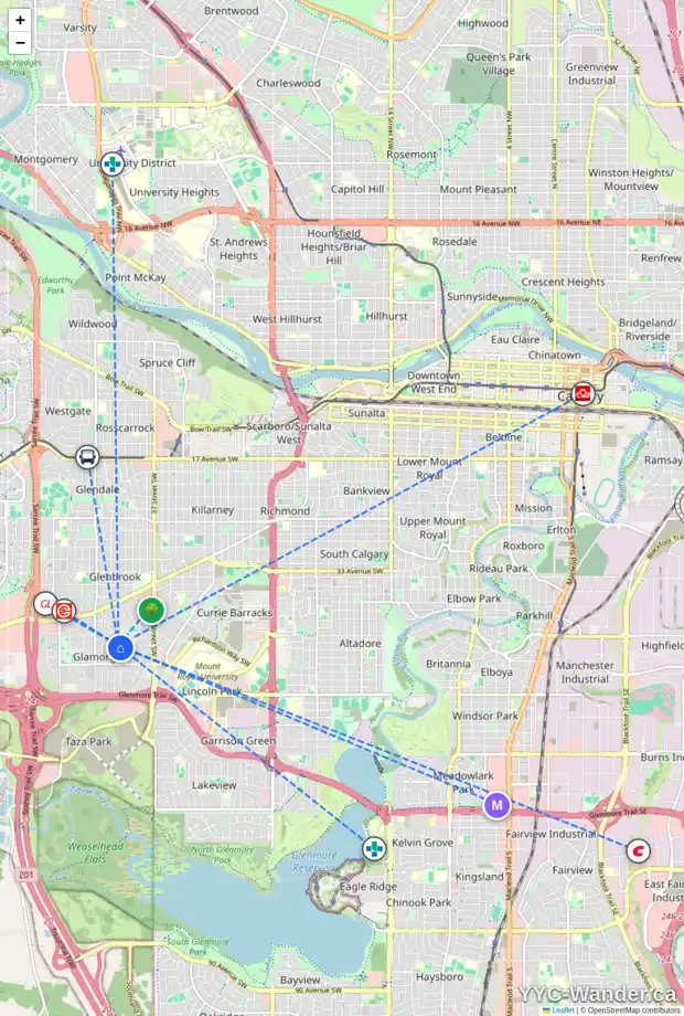 Daily accessibility map for 15 GOVERNOR DR SW, Calgary showing nearby schools, grocery stores, parks, LRT stations and nearby amenities